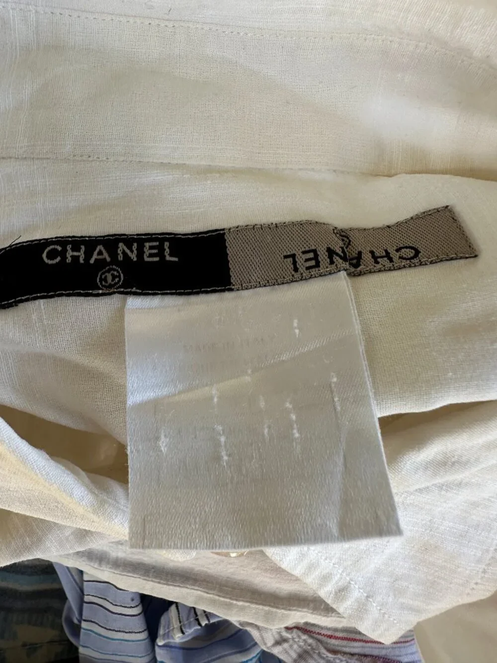 Chanel Women's White Button Down Cotton Linen Shirt Blouse Pockets Long Sleeves